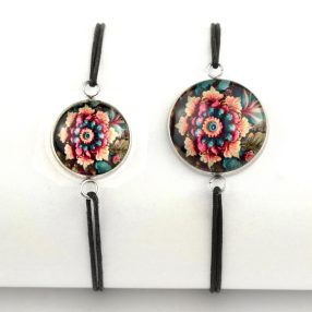   Nemesacél üveglencsés zsinóros karkötő - választható méretben - virágmintás (3405)