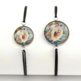   Nemesacél üveglencsés zsinóros karkötő - választható méretben - virágmintás (3406)