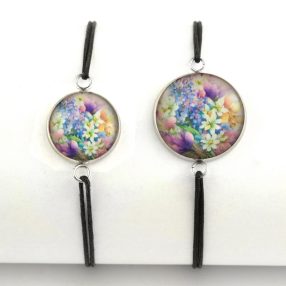   Nemesacél üveglencsés zsinóros karkötő - választható méretben - virágmintás (3407)