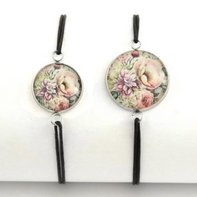   Nemesacél üveglencsés zsinóros karkötő - választható méretben - virágmintás (3408)