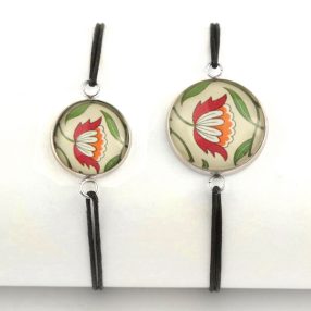   Nemesacél üveglencsés zsinóros karkötő - választható méretben - virágmintás (3409)