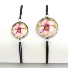   Nemesacél üveglencsés zsinóros karkötő - választható méretben - virágmintás (3410)