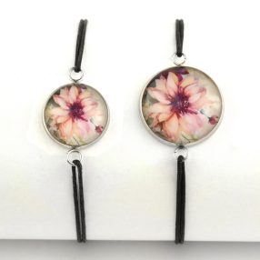   Nemesacél üveglencsés zsinóros karkötő - választható méretben - virágmintás (3412)