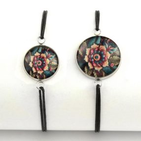   Nemesacél üveglencsés zsinóros karkötő - választható méretben - virágmintás (3413)