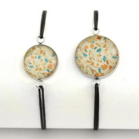   Nemesacél üveglencsés zsinóros karkötő - választható méretben - virágmintás (3414)