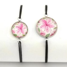   Nemesacél üveglencsés zsinóros karkötő - választható méretben - virágmintás (3415)