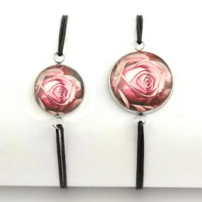   Nemesacél üveglencsés zsinóros karkötő - választható méretben - rózsa (3418)