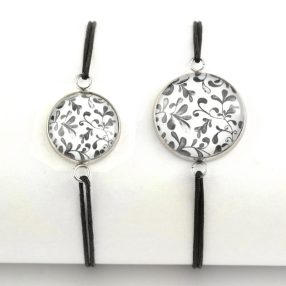   Nemesacél üveglencsés zsinóros karkötő - választható méretben - indás (3710)