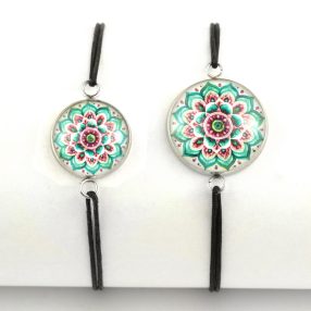   Nemesacél üveglencsés zsinóros karkötő - választható méretben - mandala (5033)