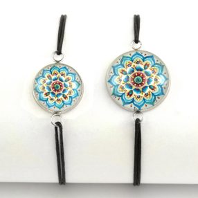   Nemesacél üveglencsés zsinóros karkötő - választható méretben - mandala (5034)