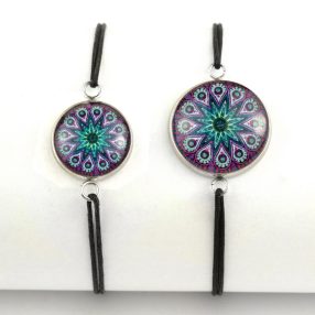   Nemesacél üveglencsés zsinóros karkötő - választható méretben - mandala (5041)