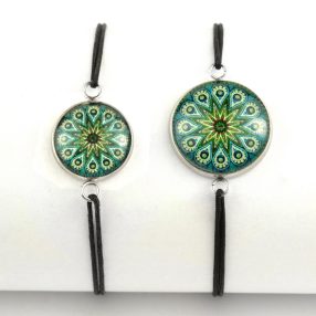   Nemesacél üveglencsés zsinóros karkötő - választható méretben - mandala (5045)