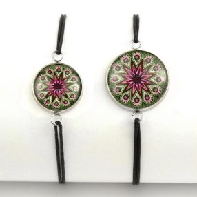   Nemesacél üveglencsés zsinóros karkötő - választható méretben - mandala (5046)