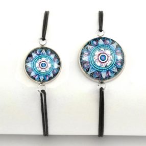   Nemesacél üveglencsés zsinóros karkötő - választható méretben - mandala (5066)