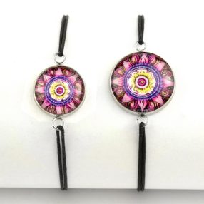   Nemesacél üveglencsés zsinóros karkötő - választható méretben - mandala (5067)