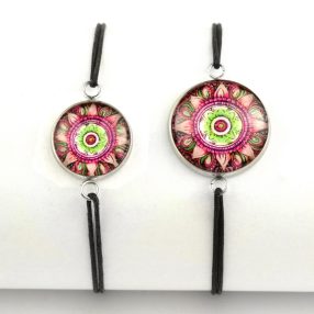   Nemesacél üveglencsés zsinóros karkötő - választható méretben - mandala (5068)