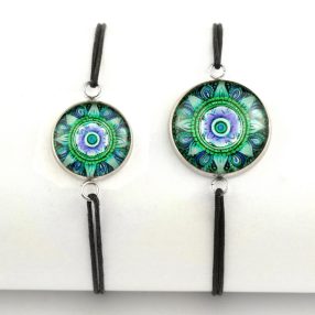   Nemesacél üveglencsés zsinóros karkötő - választható méretben - mandala (5069)