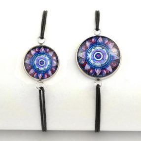   Nemesacél üveglencsés zsinóros karkötő - választható méretben - mandala (5070)