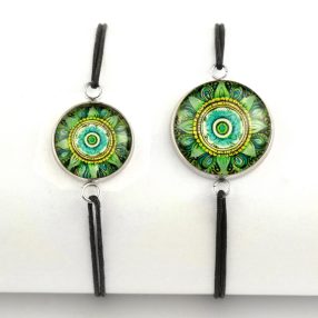   Nemesacél üveglencsés zsinóros karkötő - választható méretben - mandala (5071)