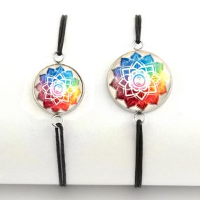   Nemesacél üveglencsés zsinóros karkötő - választható méretben - csakra mandala (5075)