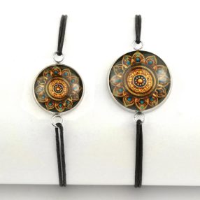   Nemesacél üveglencsés zsinóros karkötő - választható méretben - mandala (5078)