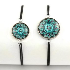   Nemesacél üveglencsés zsinóros karkötő - választható méretben - mandala (5080)