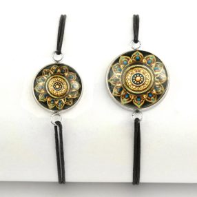   Nemesacél üveglencsés zsinóros karkötő - választható méretben - mandala (5082)