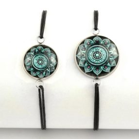   Nemesacél üveglencsés zsinóros karkötő - választható méretben - mandala (5084)