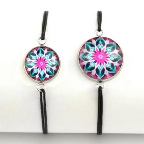   Nemesacél üveglencsés zsinóros karkötő - választható méretben - mandala (5086)