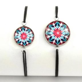   Nemesacél üveglencsés zsinóros karkötő - választható méretben - mandala (5089)