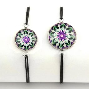   Nemesacél üveglencsés zsinóros karkötő - választható méretben - mandala (5091)