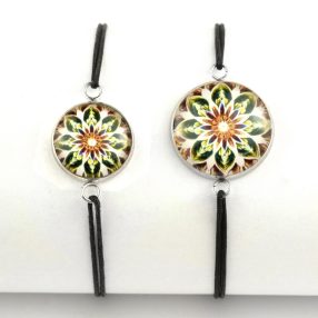   Nemesacél üveglencsés zsinóros karkötő - választható méretben - mandala (5092)