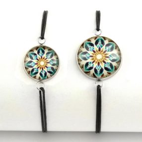   Nemesacél üveglencsés zsinóros karkötő - választható méretben - mandala (5094)