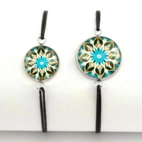   Nemesacél üveglencsés zsinóros karkötő - választható méretben - mandala (5096)