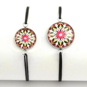   Nemesacél üveglencsés zsinóros karkötő - választható méretben - mandala (5099)