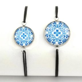   Nemesacél üveglencsés zsinóros karkötő - választható méretben - csempe mintás (5400)