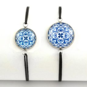   Nemesacél üveglencsés zsinóros karkötő - választható méretben - csempe mintás (5401)